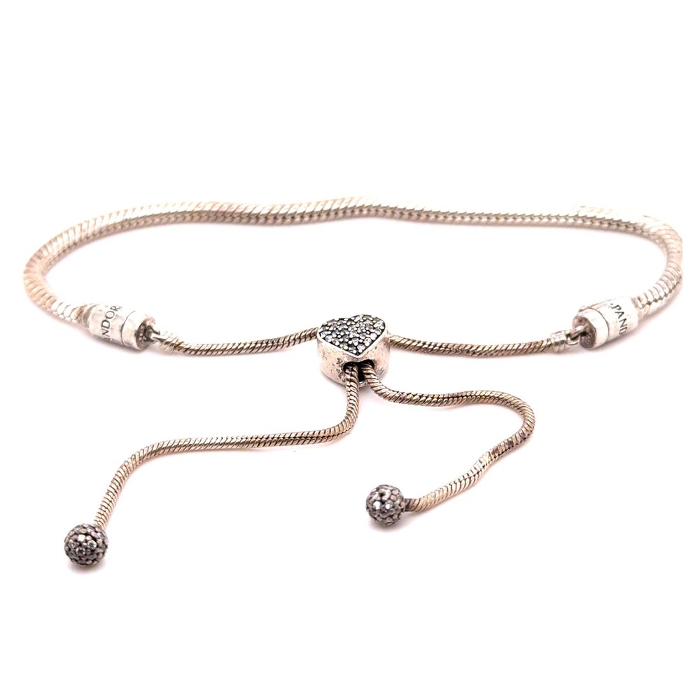 Pandora Sterling Silver Pave Heart Slider Snake Chain Bracelet Adjustable Fit